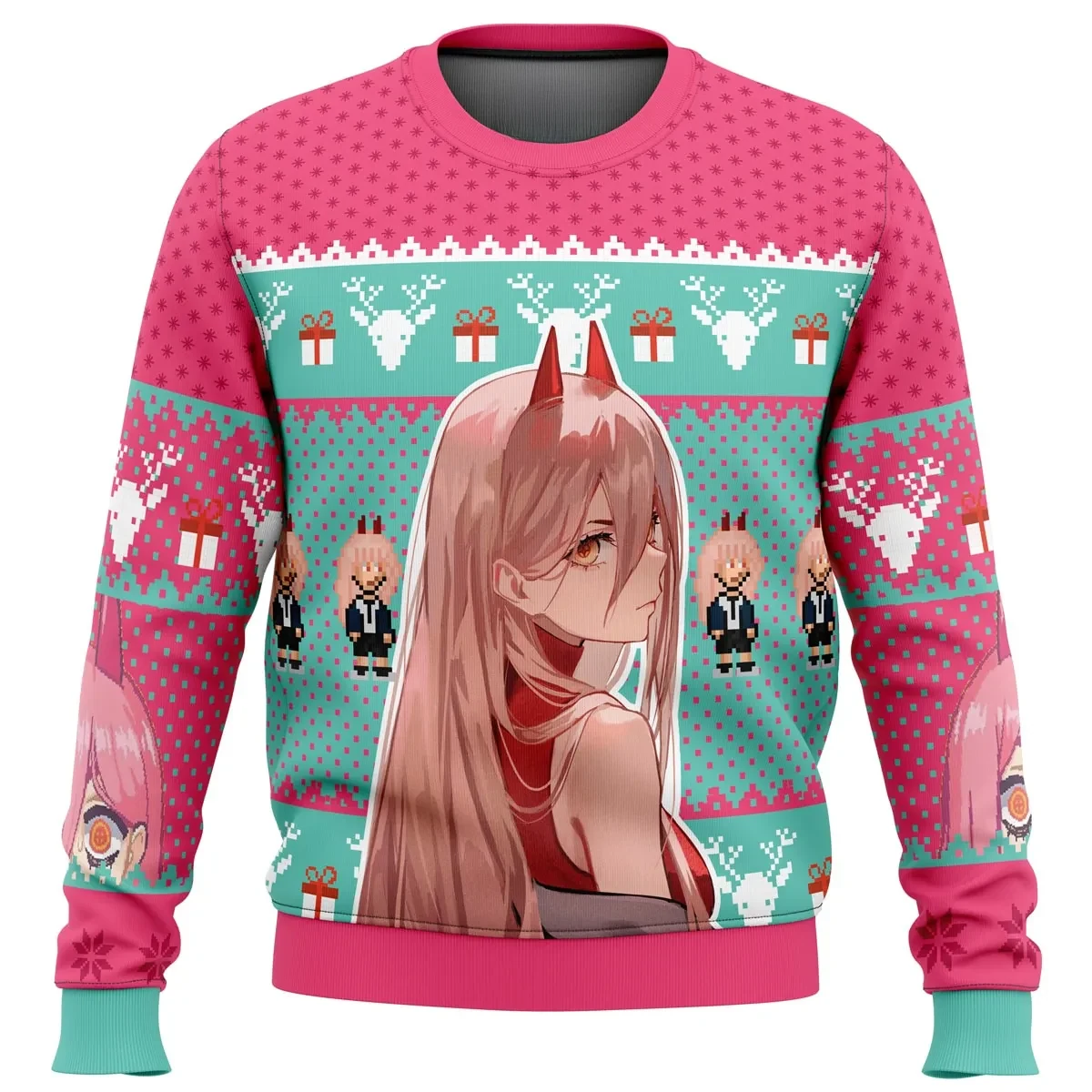 Power Chainsaw Man Ugly Christmas Sweater, Chainsaw Man Holiday Sweater, Anime Xmas Gift, Blood Fiend Unisex All Over Print Crewneck Pullover