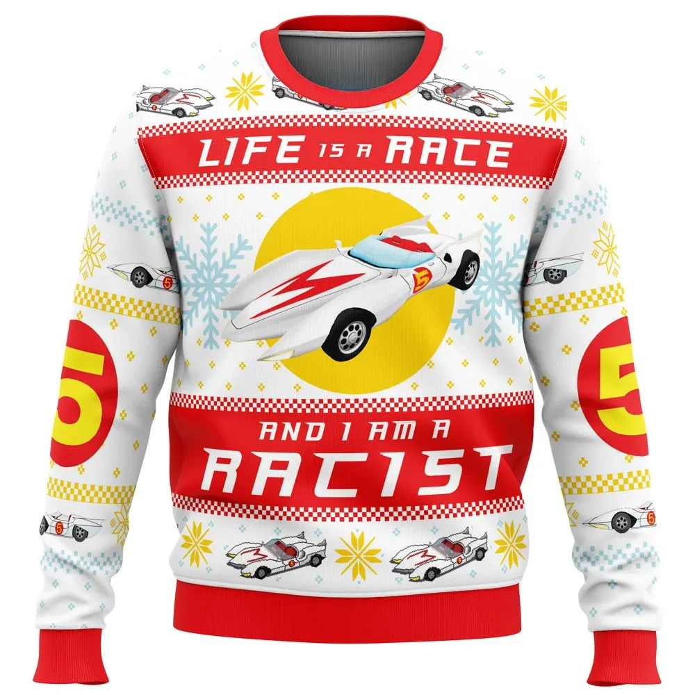 Racer Meme Speed Racer Ugly Christmas Sweater, Mach 5 Life Is a Race Holiday Sweatshirt, Funny Anime Xmas Gift for Retro Cartoon Fans