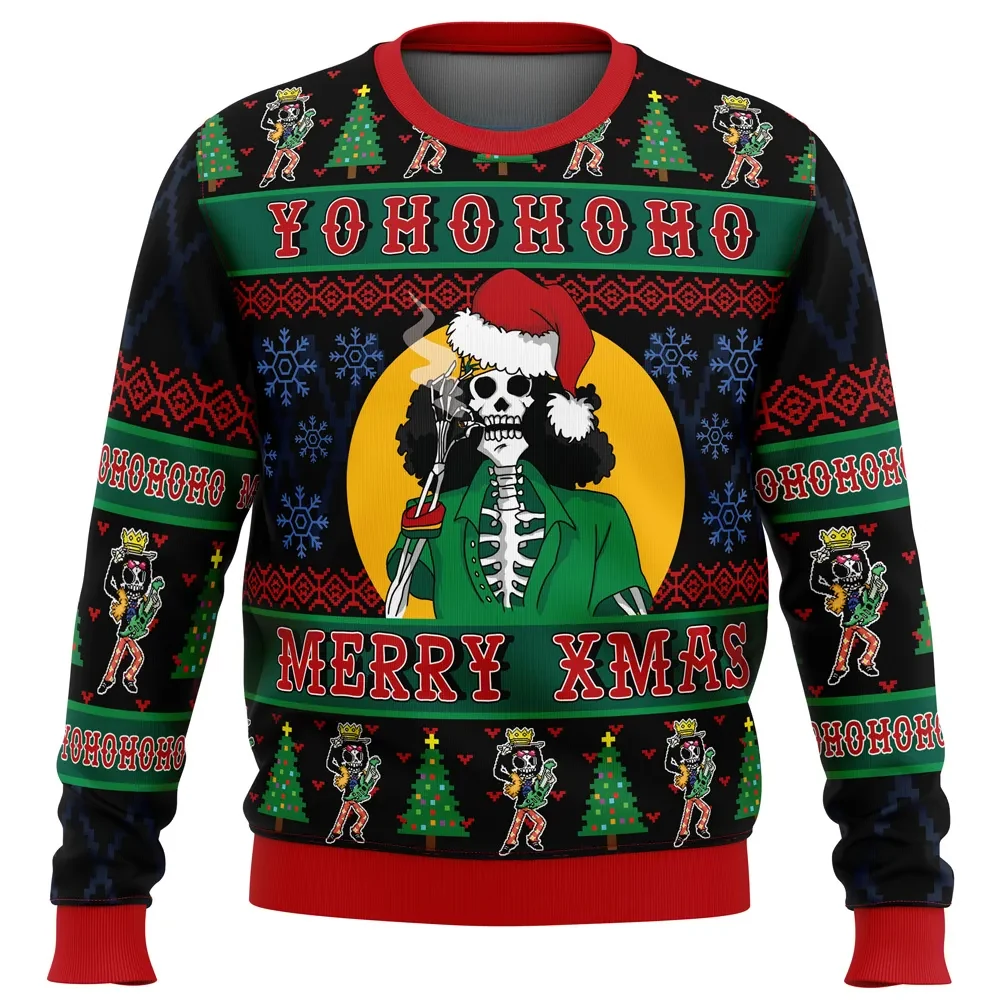 Yohohoho Hippie Trip Brook One Piece Ugly Christmas Sweater, Soul King Santa Hat Holiday Sweater, Straw Hat Pirates Anime Xmas Gift
