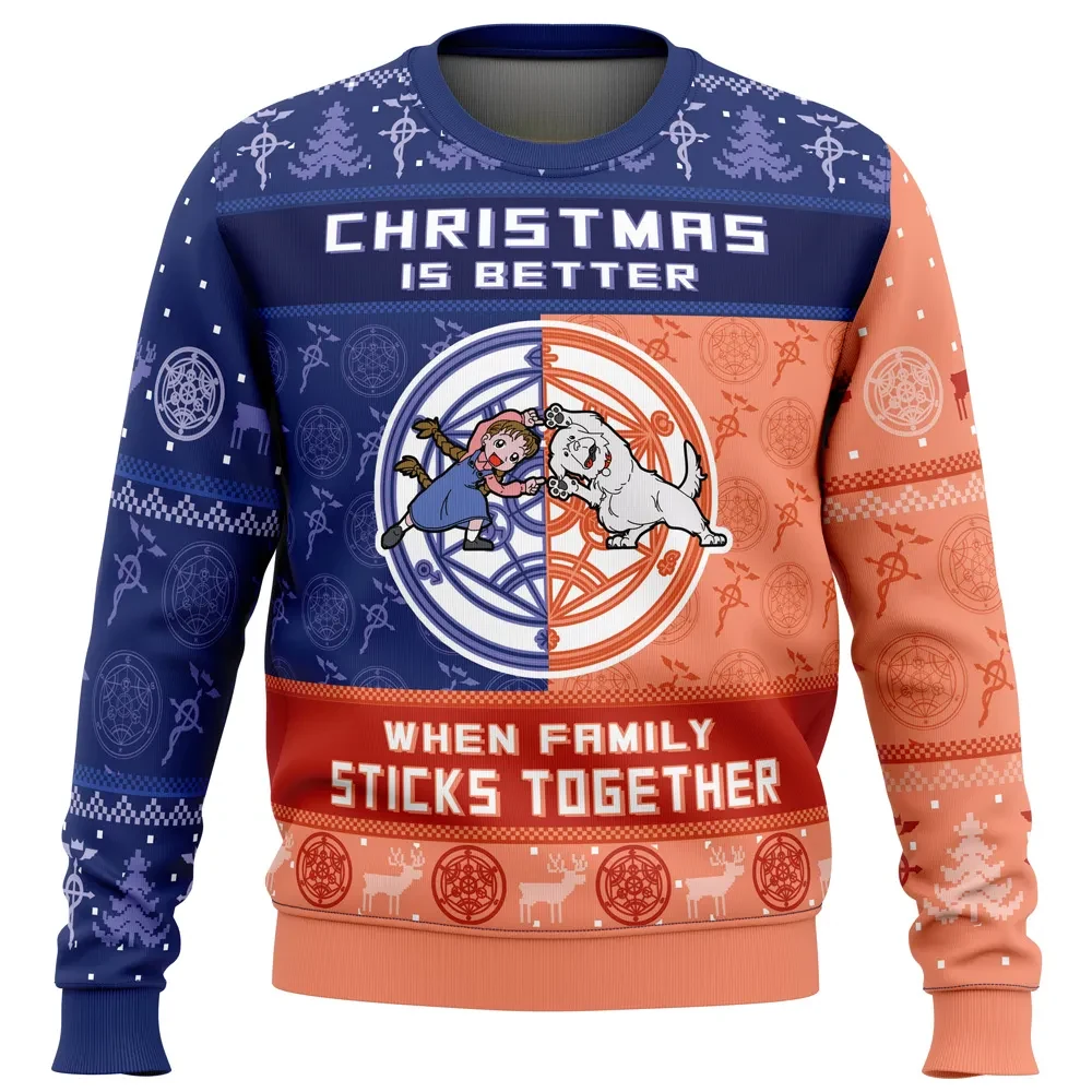 Family Together Chimera-mas Fullmetal Alchemist Ugly Christmas Sweater, Nina and Alexander Anime Holiday Sweater, Xmas Jumper
