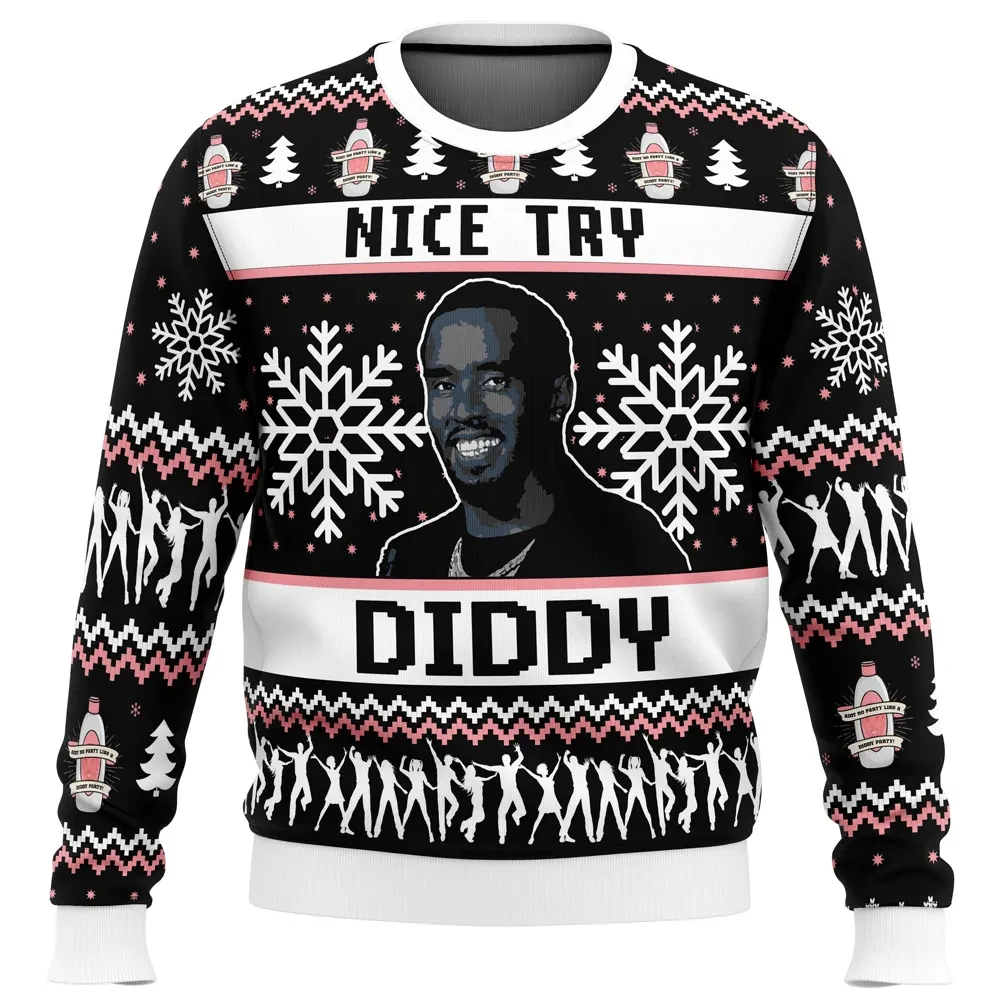 Nice Try Diddy Meme Ugly Christmas Sweater, Funny Pop Culture Holiday Sweater, Snowflake Party Xmas Gift, Unisex All Over Print Crewneck Pullover