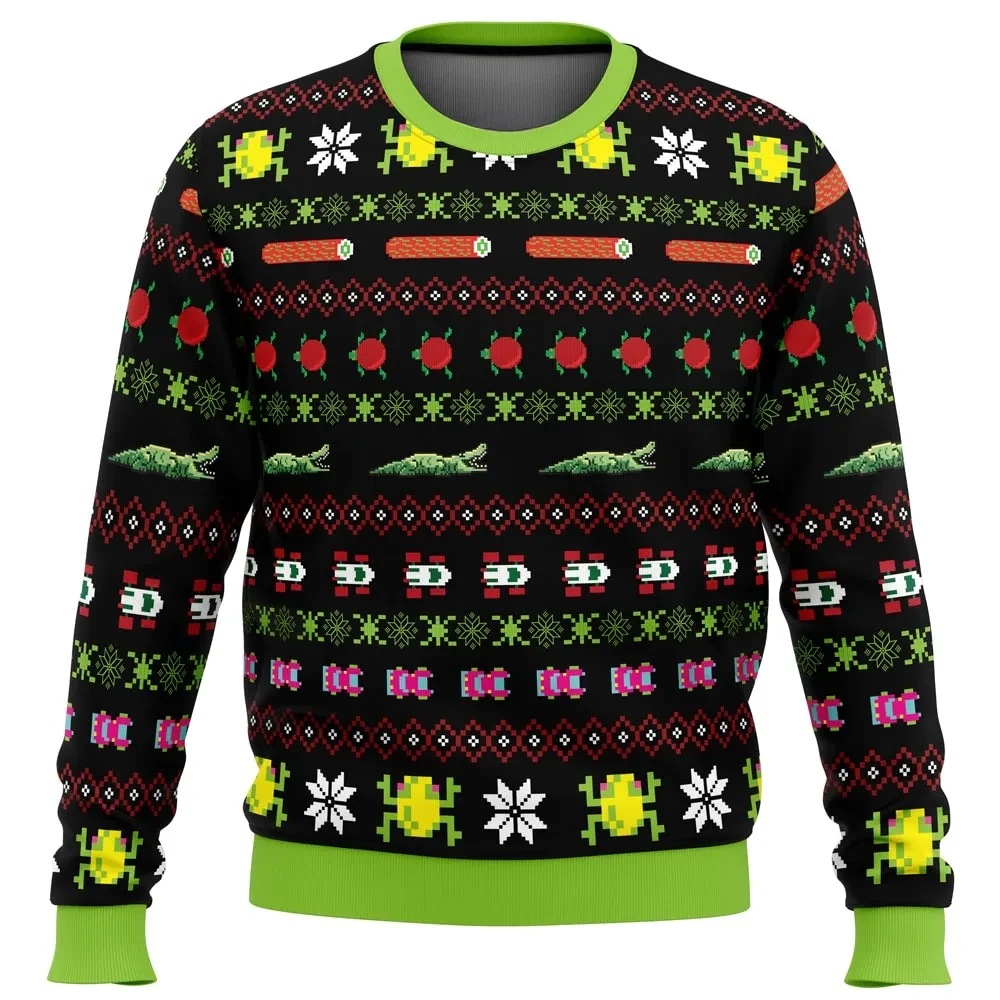 Frogs, Logs & Automobiles Frogger Ugly Christmas Sweater, Retro Arcade Holiday Sweater, Pixel Frog and Traffic Lanes, Gamer Xmas Gift