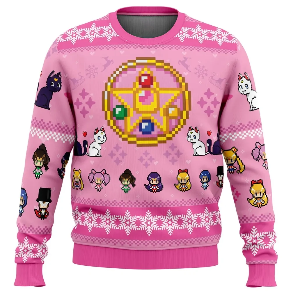 Merry Senshi Sailor Moon Ugly Christmas Sweater, Pink Crystal Star Brooch Holiday Sweater with Luna and Artemis, Anime Xmas Gift