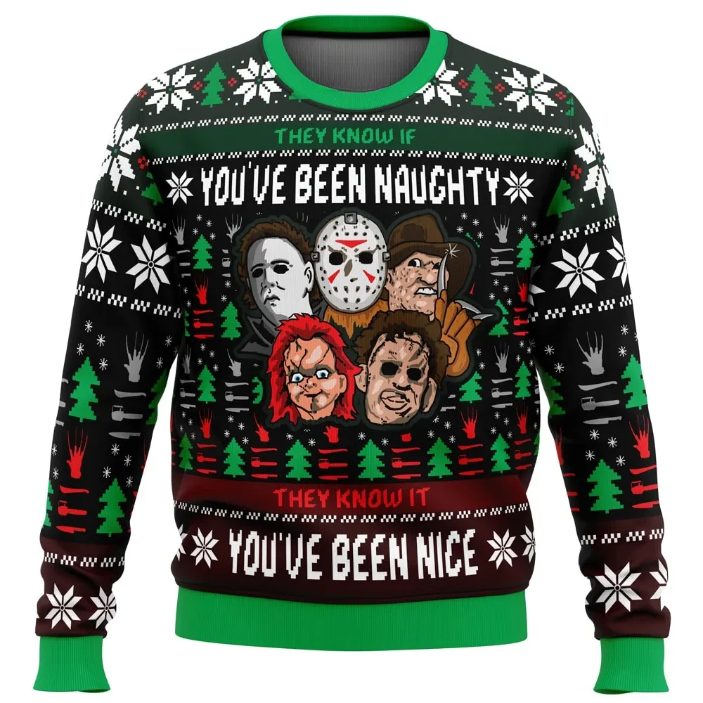 Michael Myers Jason Freddy Chucky Slasher Horror Movie Ugly Christmas Sweater, Horror Holiday Sweater, Unisex All Over Print Xmas Jumper
