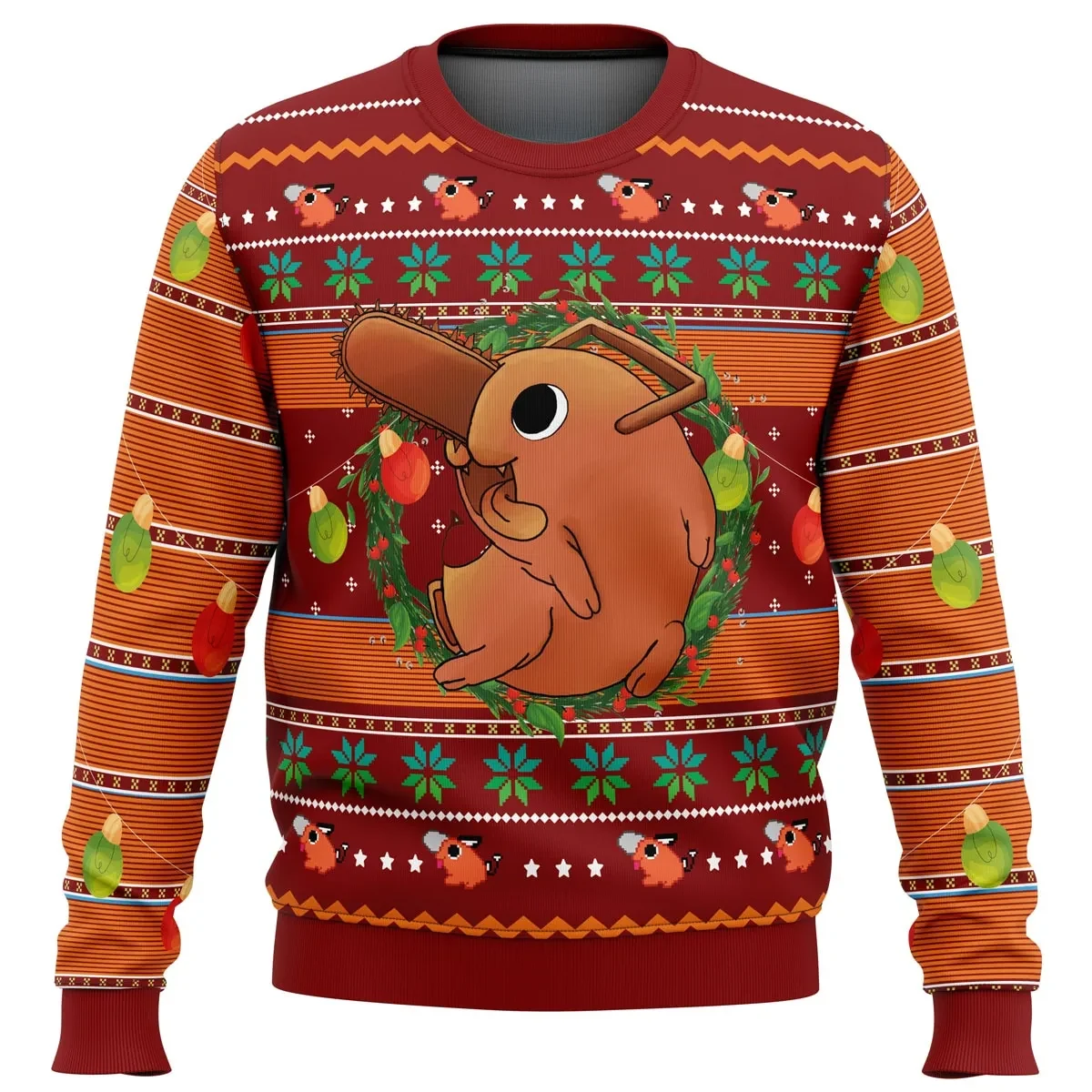 Pochita Chainsaw Man Ugly Christmas Sweater, Cute Devil Dog Holiday Sweater with Holly Wreath, Unisex Anime Xmas Gift for Denji Fans