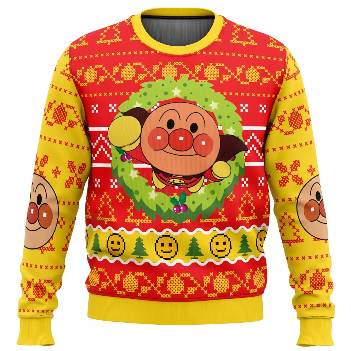 Anpanman Ugly Christmas Sweater, Japanese Cartoon Holiday Sweater, Red and Yellow Holly Wreath Unisex Sweatshirt, Anime Xmas Gift for Fans