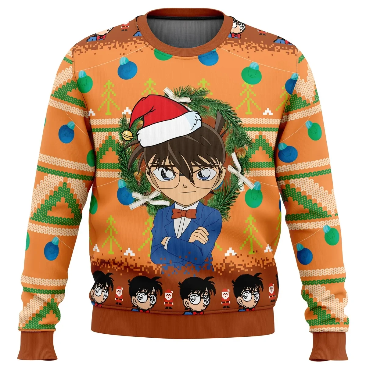 Detective Conan Ugly Christmas Sweater, Case Closed Holiday Sweatshirt with Santa Hat Conan Edogawa, Anime Xmas Gift for Mystery Fans