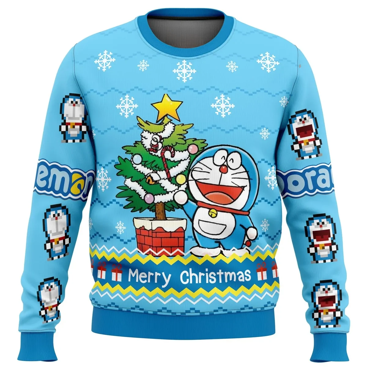 Doraemon Ugly Christmas Sweater, Doraemon Anime Holiday Sweater, Robot Cat Merry Christmas Tree Santa Hat Anime Xmas Gift for Fans