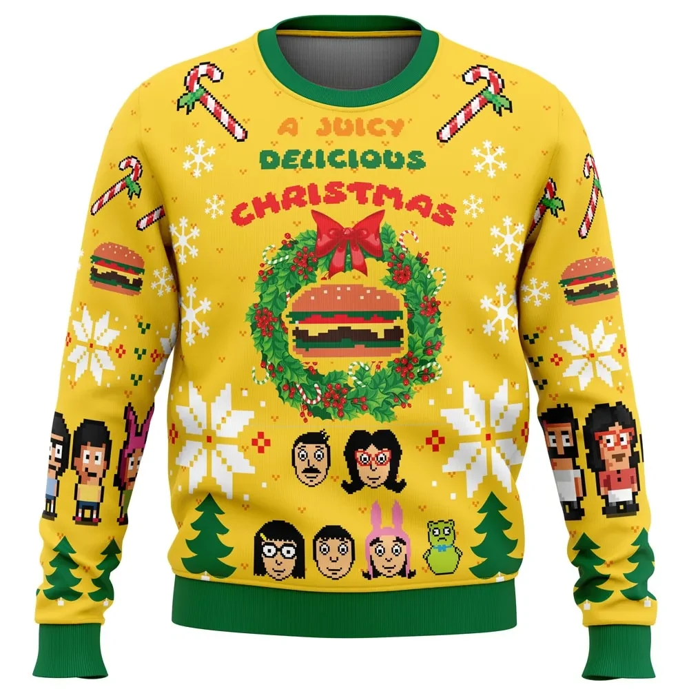A Juicy Delicious Christmas Bob's Burgers Ugly Christmas Sweater, Belcher Family Cartoon Holiday Sweater, Unisex All Over Print Xmas Jumper