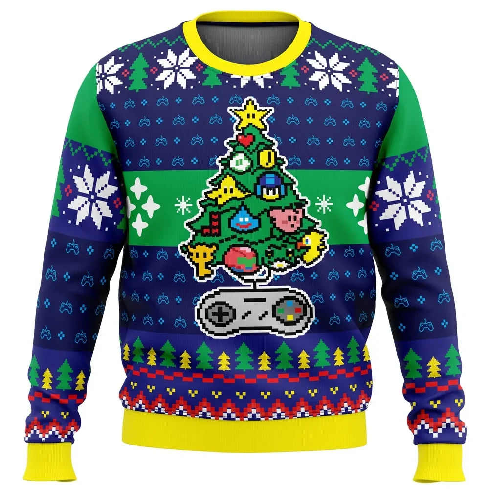 A Classic Gamer Christmas Ugly Christmas Sweater, Retro Video Game Holiday Sweater, Pixel Tree and Controller, Gamer Xmas Gift