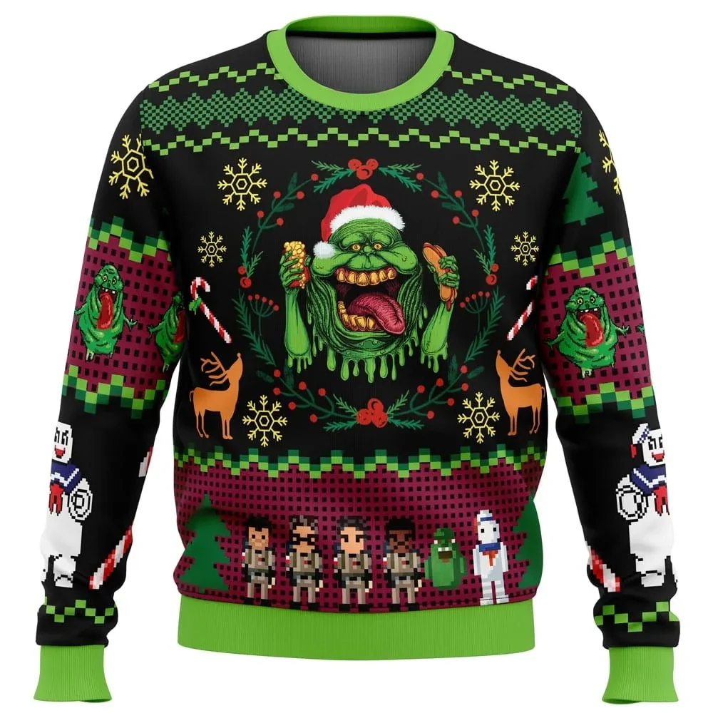 Bustin Christmas Ghostbusters Ugly Christmas Sweater, Slimer Santa Hat Holiday Sweater, 80s Movie Xmas Party Gift for Ghostbusters Fans