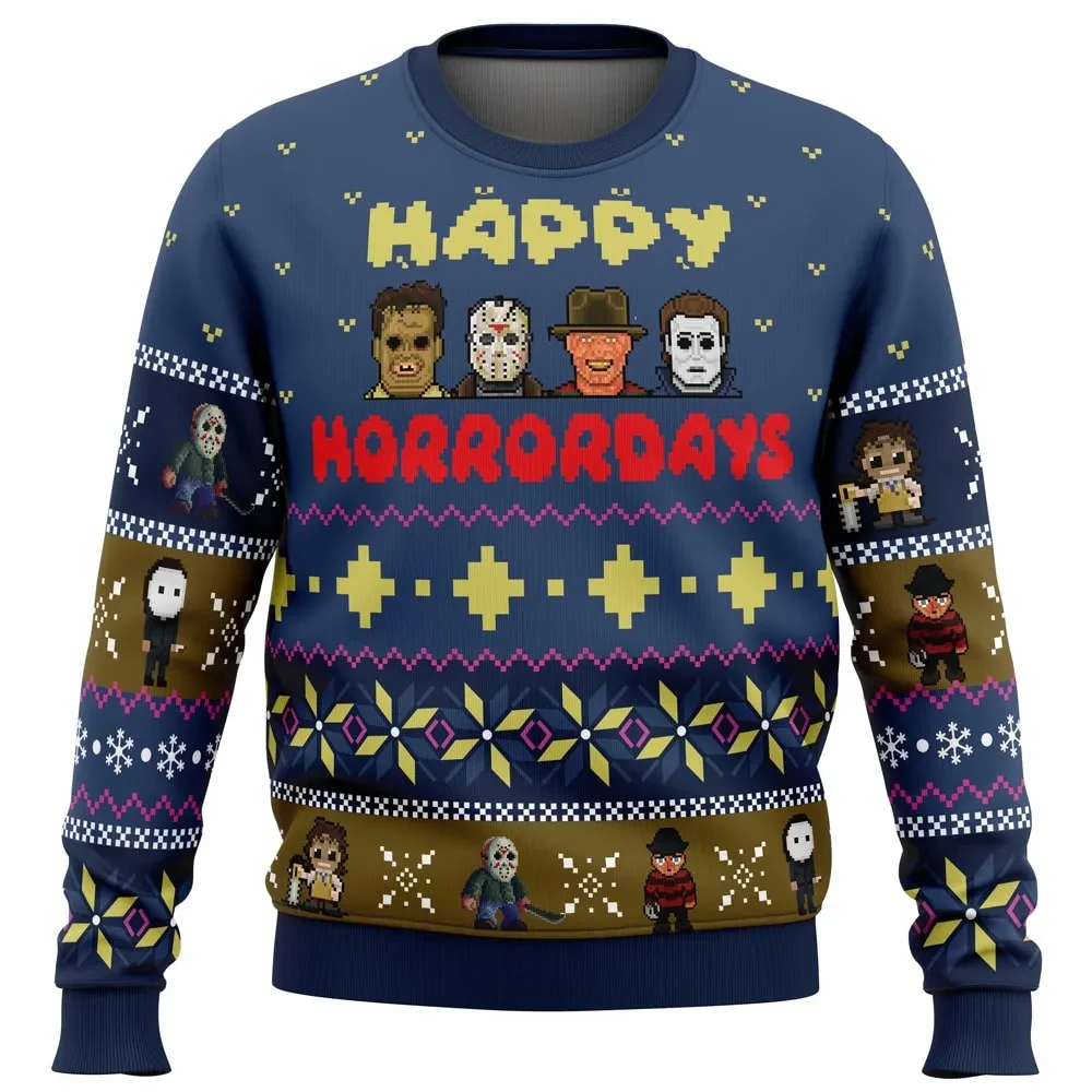 Happy Horrordays Ugly Christmas Sweater, Horror Movie Icons Holiday Sweater, Leatherface Jason Freddy Michael Myers Halloween Xmas Gift