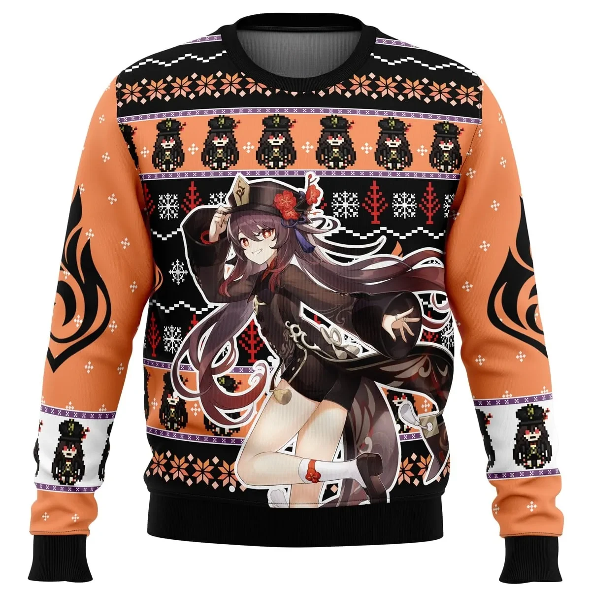 Hu Tao Genshin Impact Ugly Christmas Sweater, Genshin Holiday Sweater, Pyro Character Gamer Xmas Gift, Unisex All Over Print Sweatshirt for Fans