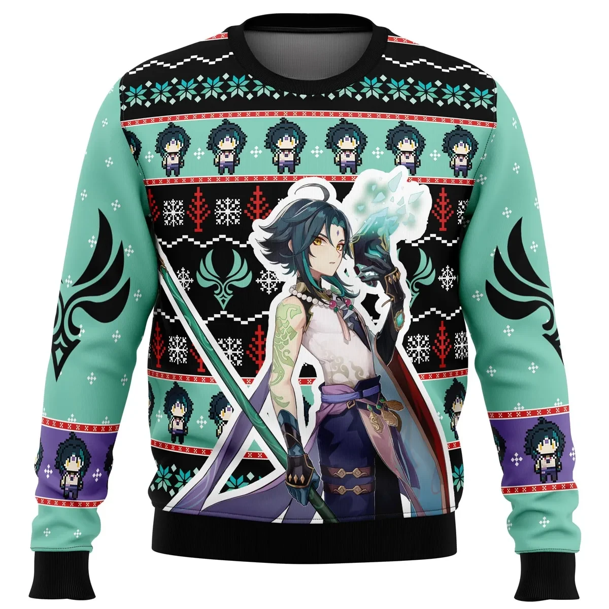 Xiao Genshin Impact Ugly Christmas Sweater, Anemo Yaksha Holiday Sweater, Anime Gamer Xmas Gift, Liyue Fan Unisex All Over Print Sweatshirt