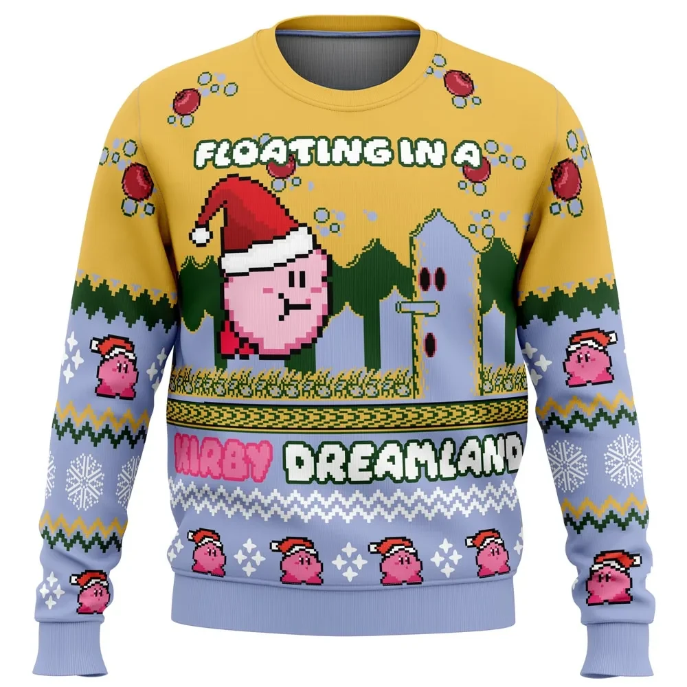 Floating in a Kirby Dreamland Ugly Christmas Sweater, Santa Kirby Holiday Sweater, Unisex All Over Print Nintendo Gamer Xmas Gift for Fans