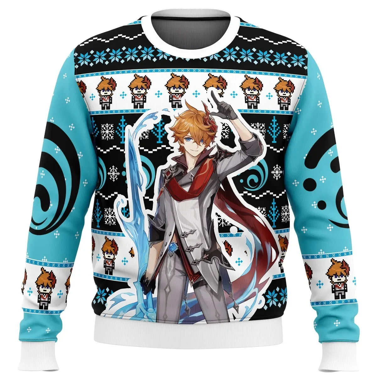 Tartaglia Childe Genshin Impact Ugly Christmas Sweater, Hydro Holiday Sweater, Anime Gamer Xmas Gift, Unisex All Over Print Xmas Sweatshirt