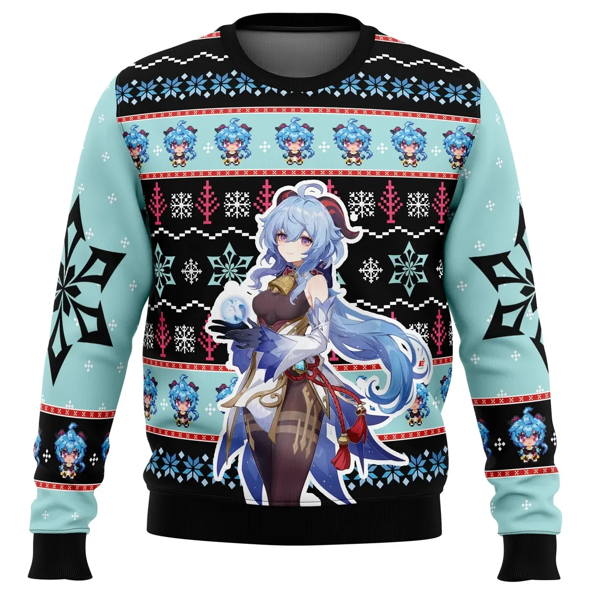 Ganyu Genshin Impact Ugly Christmas Sweater, Chibi Ganyu Snowflake Gamer Holiday Sweater, Unisex Xmas Sweatshirt, Gift for Gacha Game Fans