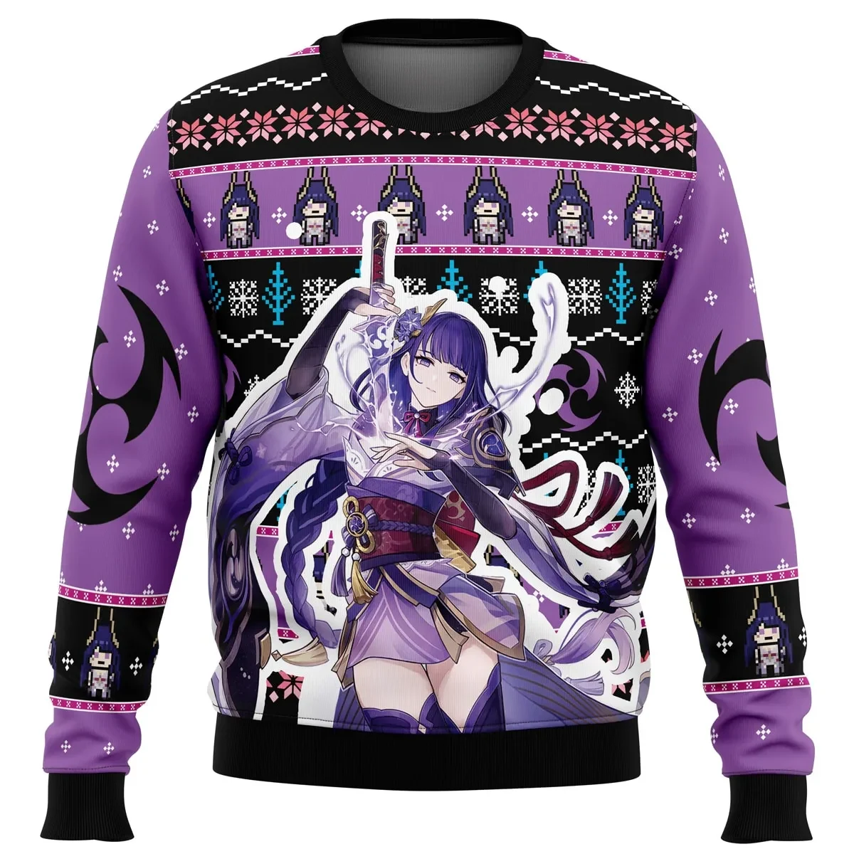 Raiden Shogun Genshin Impact Ugly Christmas Sweater, Electro Archon Holiday Sweater, Anime Gamer Xmas Gift, Unisex Purple Xmas Sweatshirt