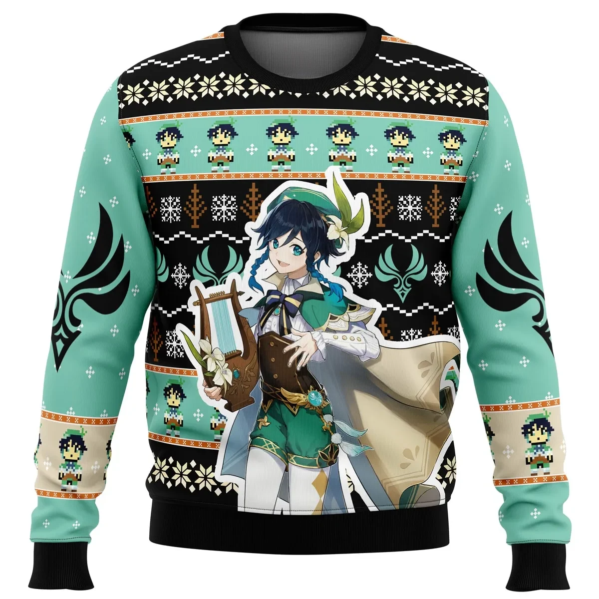 Venti Genshin Impact Ugly Christmas Sweater, Anemo Archon Holiday Sweater, Anime Gamer Xmas Gift, Unisex All Over Print Sweatshirt