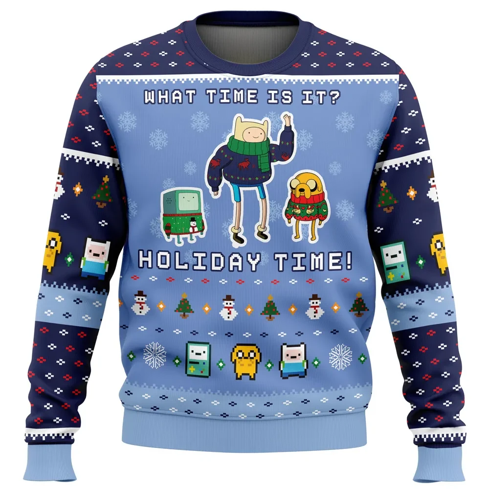 Adventure Time Christmas Time Ugly Christmas Sweater, Finn and Jake Holiday Sweater, BMO Cartoon Xmas Gift, Unisex All Over Print Sweatshirt