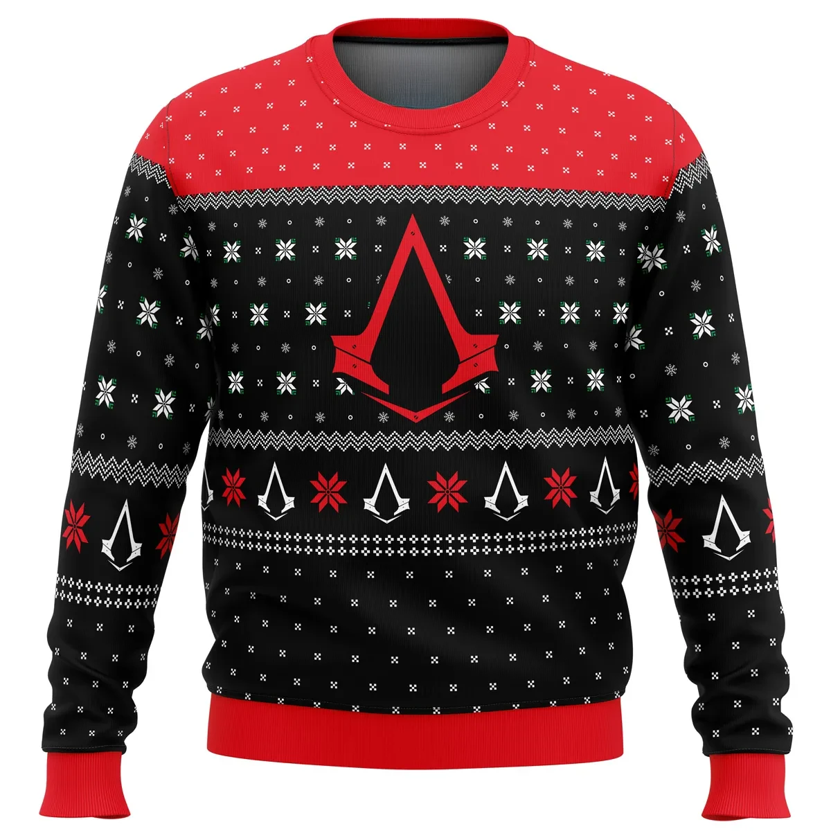 Assassin's Creed Insignia Ugly Christmas Sweater, Assassin Symbol Holiday Sweater, Black and Red Brotherhood Crest Pullover, Gamer Xmas Gift