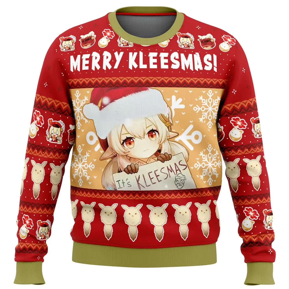 Merry Kleesmas Klee Genshin Impact Ugly Christmas Sweater, Gamer Holiday Sweater, Unisex All Over Print Sweatshirt, Anime Xmas Gift for Fans