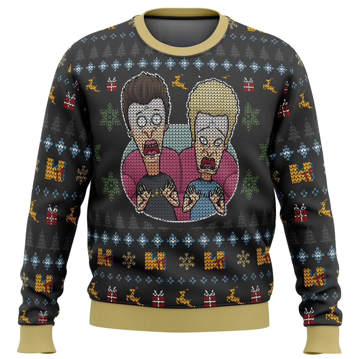 Beavis and Butthead Surprise Reaction Ugly Christmas Sweater, 90s Cartoon Holiday Sweater, TV Show Xmas Gift, Unisex All Over Print Pullover