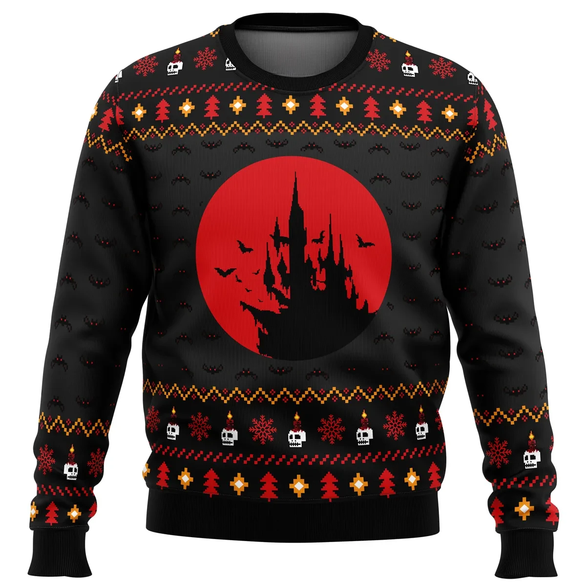 Castlevania Creepy Castle Ugly Christmas Sweater, Dracula Castle Holiday Sweater, Blood Moon and Bats Pullover, Retro Gamer Xmas Gift