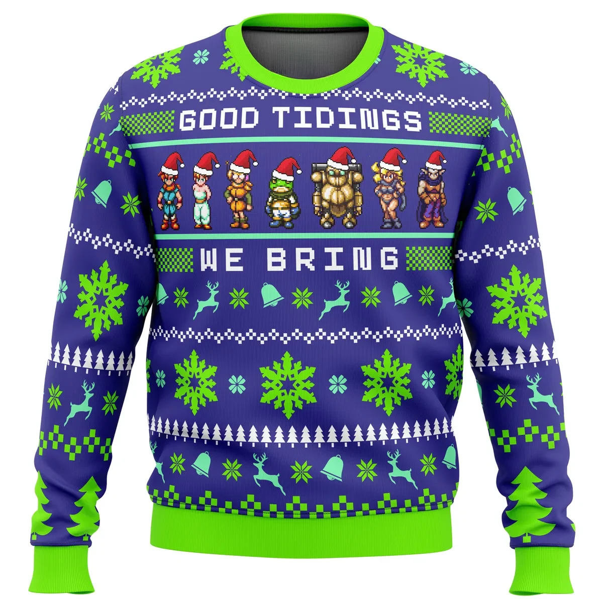 Chrono Trigger Good Tidings We Bring Ugly Christmas Sweater, Retro Gamer Pixel Party Holiday Sweatshirt, Unisex SNES RPG Xmas Gift for Fans