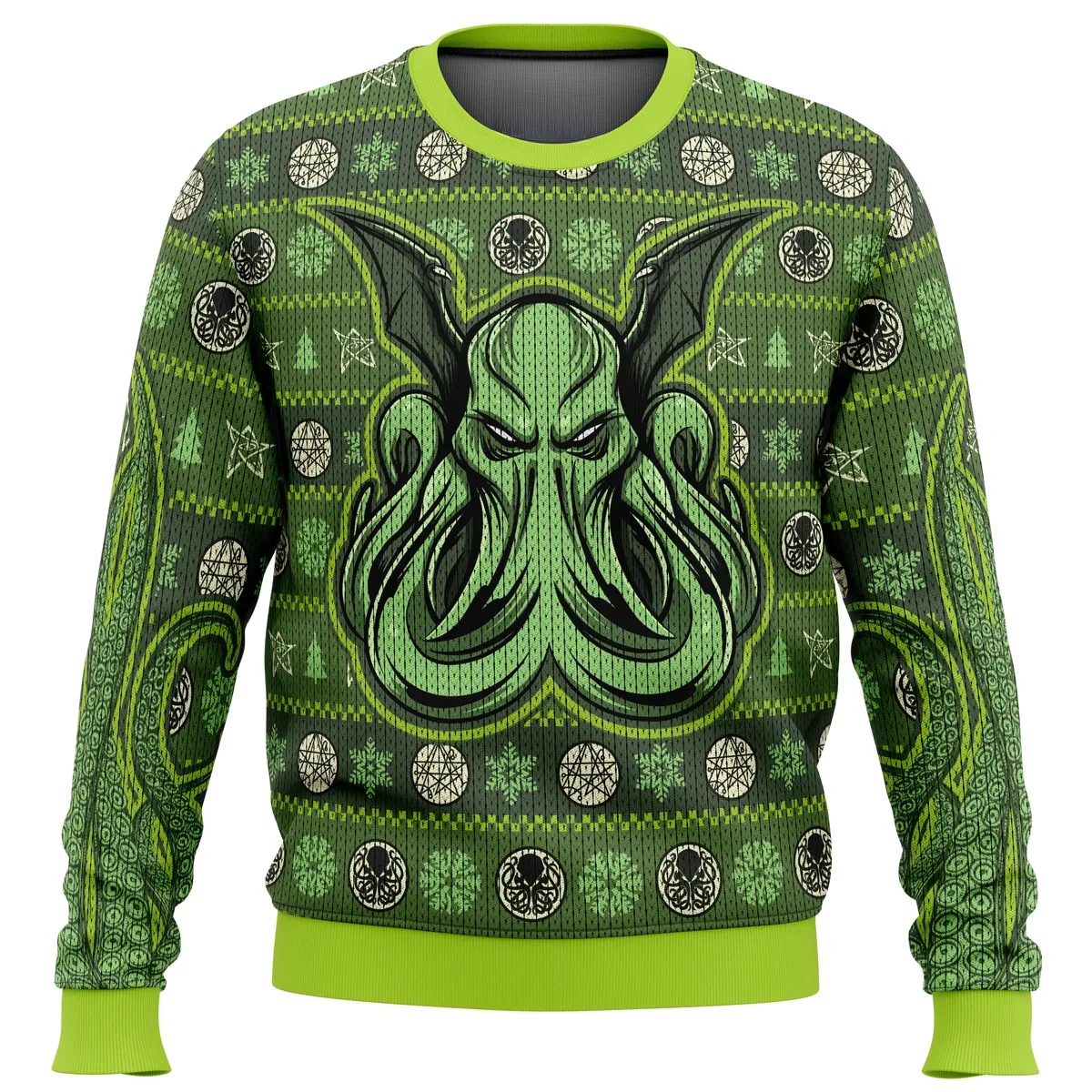 Cthulhu Ugly Christmas Sweater, Lovecraft Cosmic Horror Holiday Sweater with Elder Sign Pattern, Unisex All Over Print Geek Xmas Gift