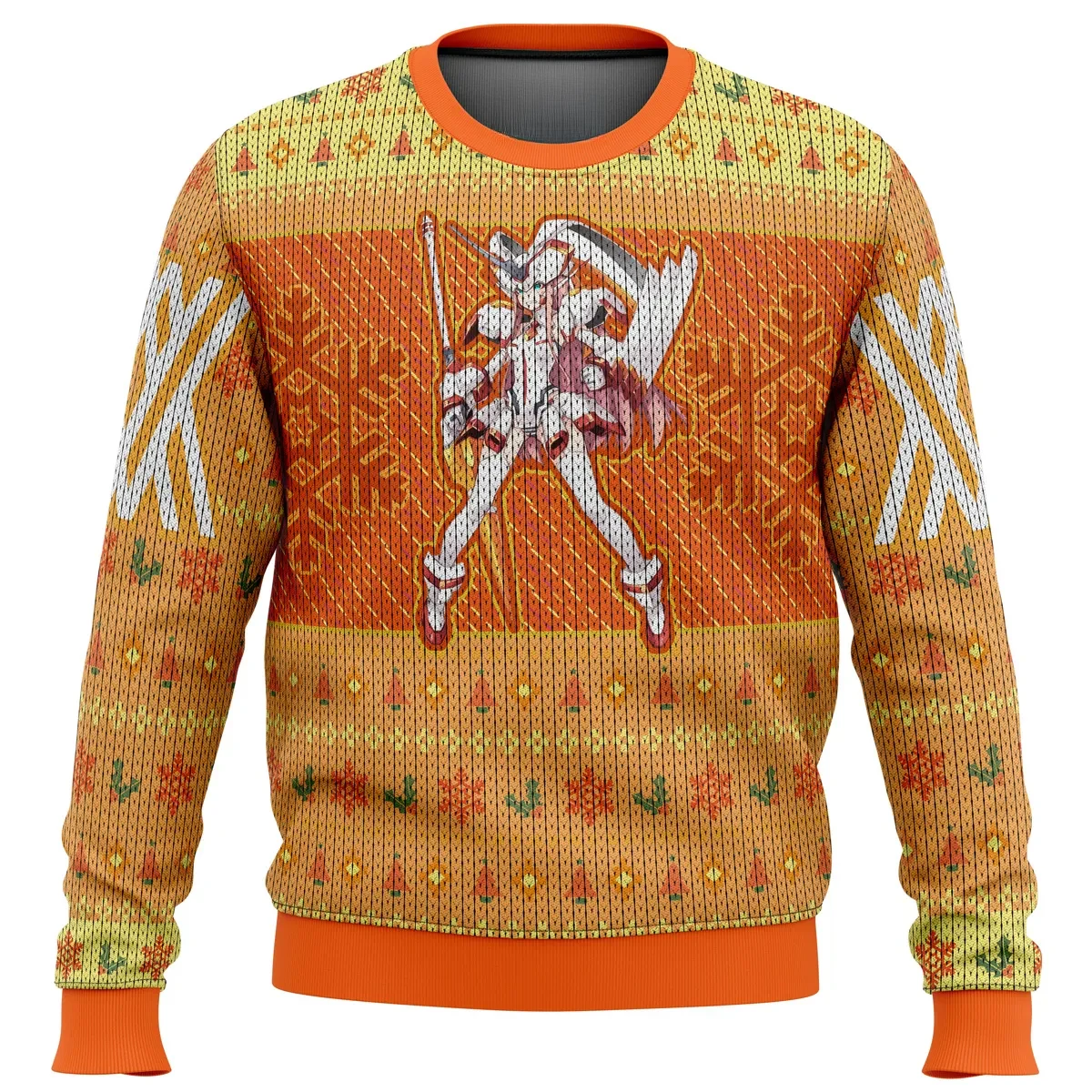 Darling in the Franxx Strelizia Ugly Christmas Sweater, Zero Two Mecha Anime Holiday Sweater, Orange Fair Isle Pattern, Anime Xmas Gift