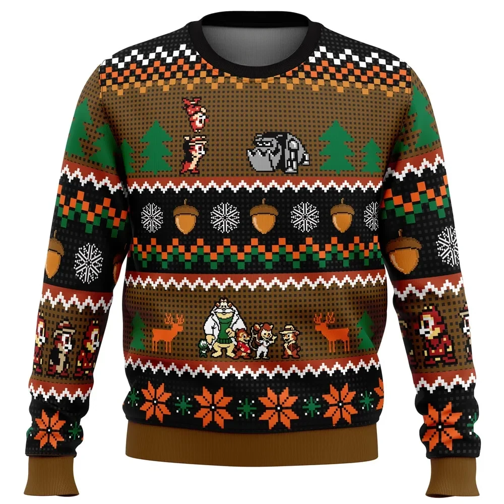 Chip 'n Dale Rescue Rangers Ugly Christmas Sweater, Retro Cartoon Holiday Sweater, Disney Xmas Gift, 8-Bit Pixel Art Unisex Sweatshirt