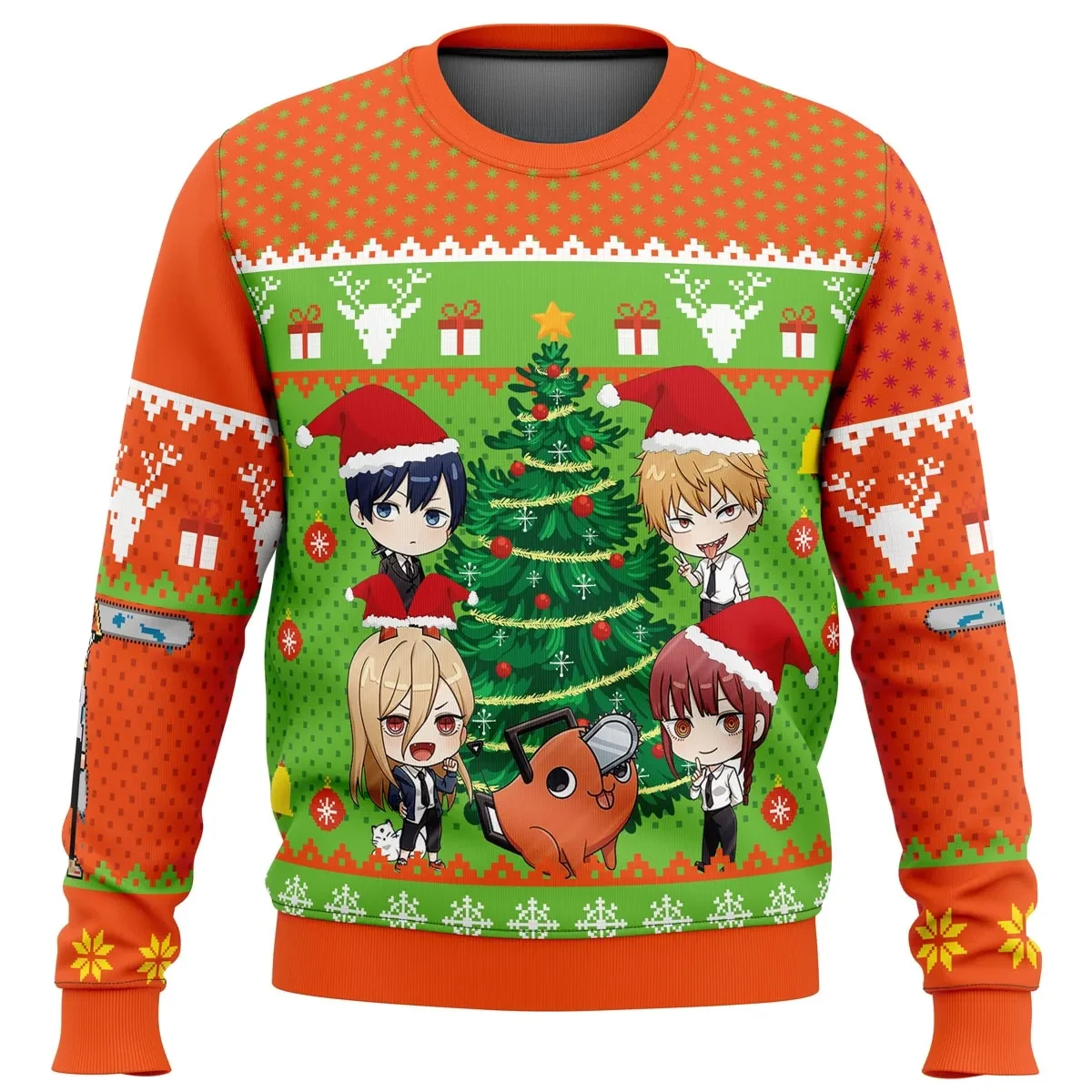 Chibi Chainsaw Man Ugly Christmas Sweater, Denji Pochita Power Makima Aki Holiday Sweater, Anime Xmas Party Gift, Unisex All Over Print Pullover