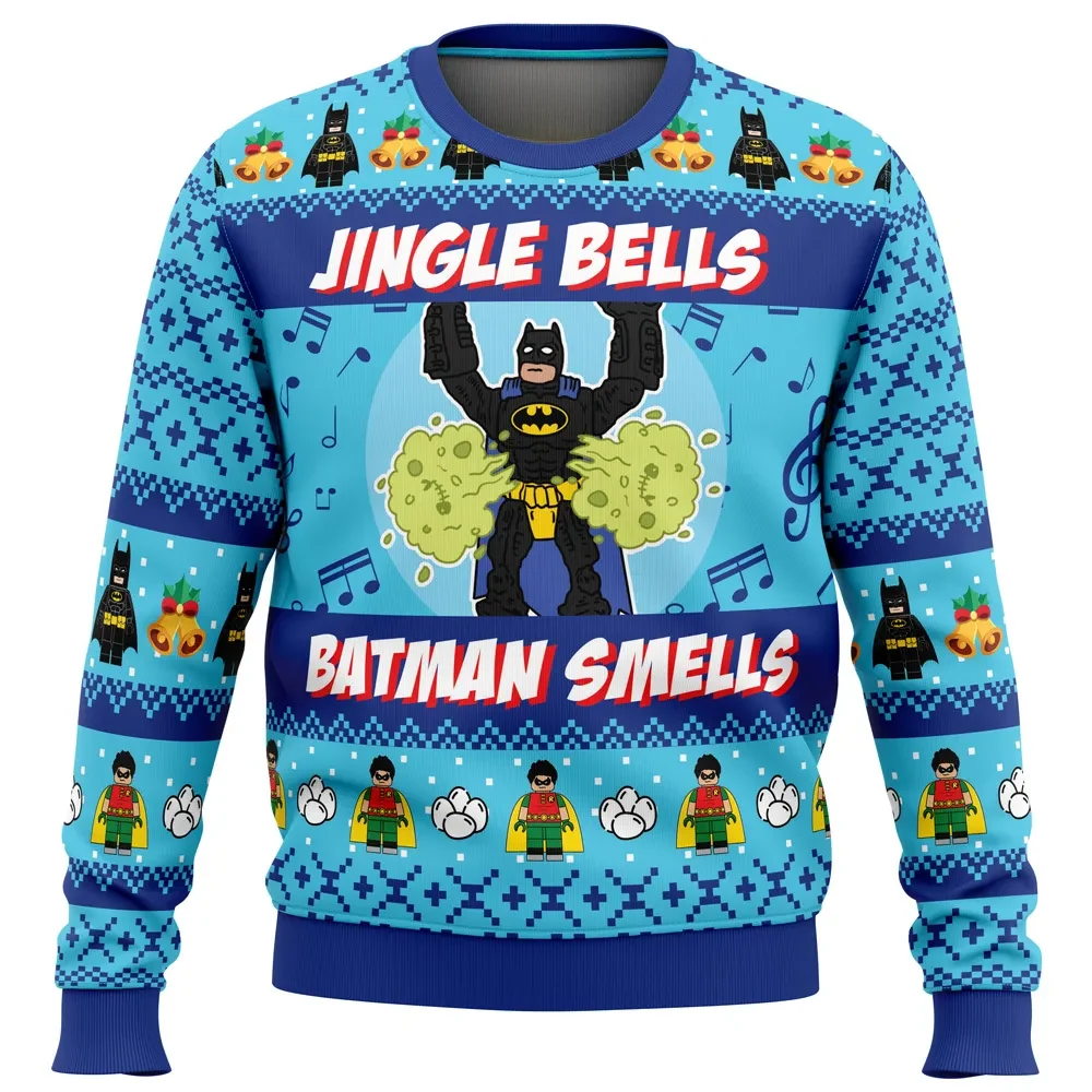 Jingle Bells Batman Smells Ugly Christmas Sweater, Robin Laid an Egg Funny Holiday Sweater, Superhero Unisex All Over Print Xmas Jumper