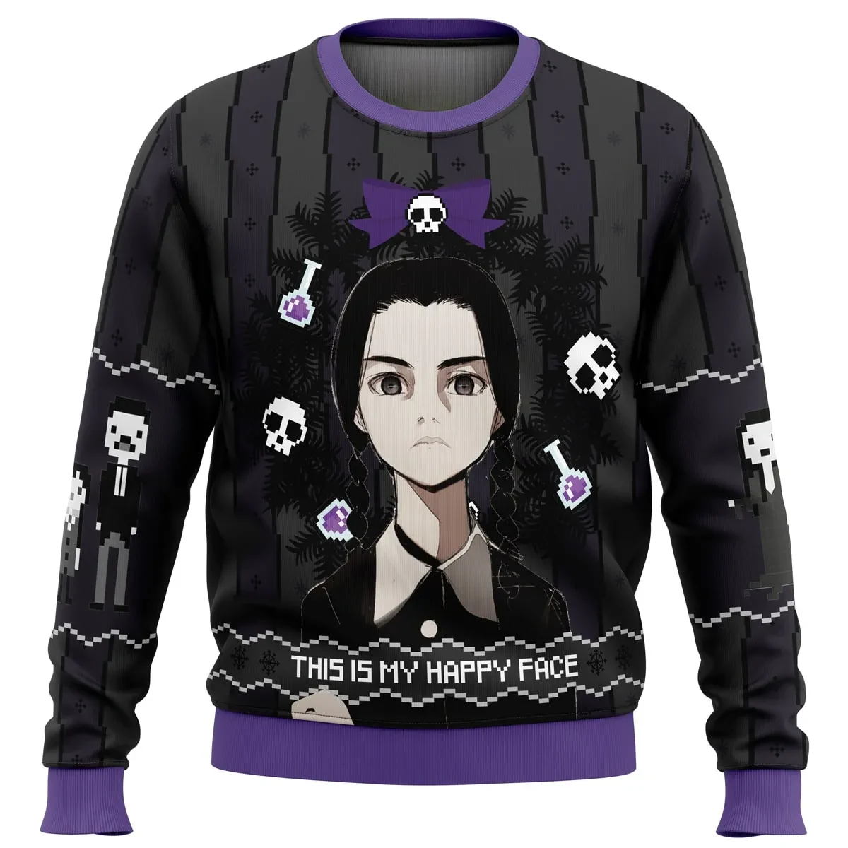 This Is My Happy Face Wednesday Addams Ugly Christmas Sweater, Anime Style Holiday Sweatshirt with Nevermore Crest, Goth Xmas Gift