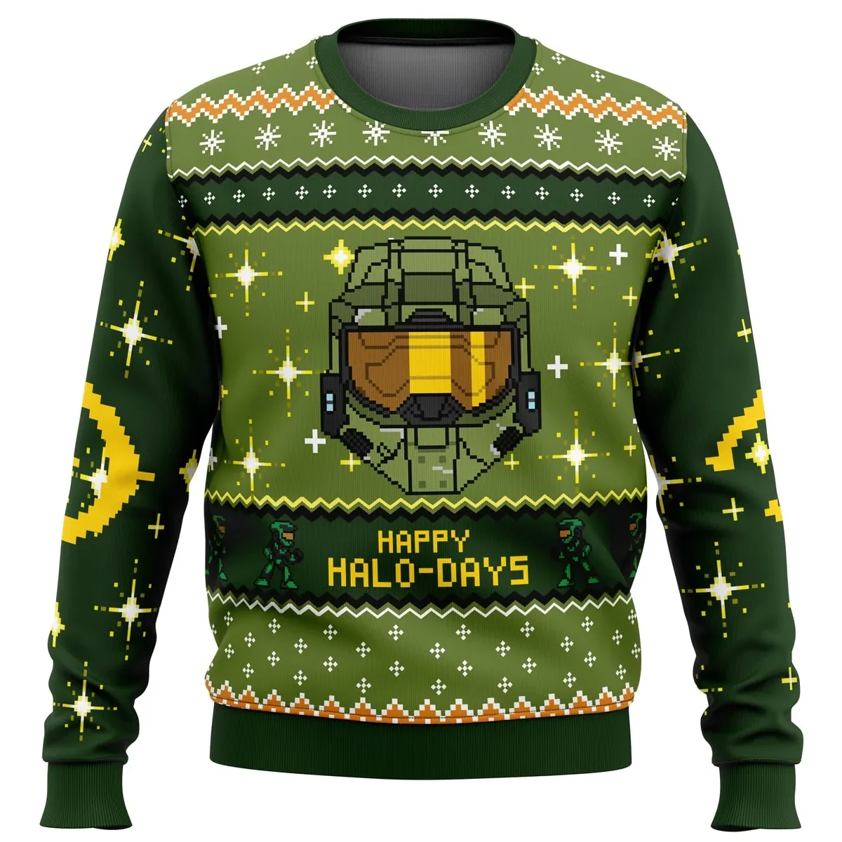 Happy Halo-Days Halo Ugly Christmas Sweater, Master Chief Helmet Holiday Sweater, Unisex All Over Print Xmas Sweatshirt, Gamer Gift for Spartans