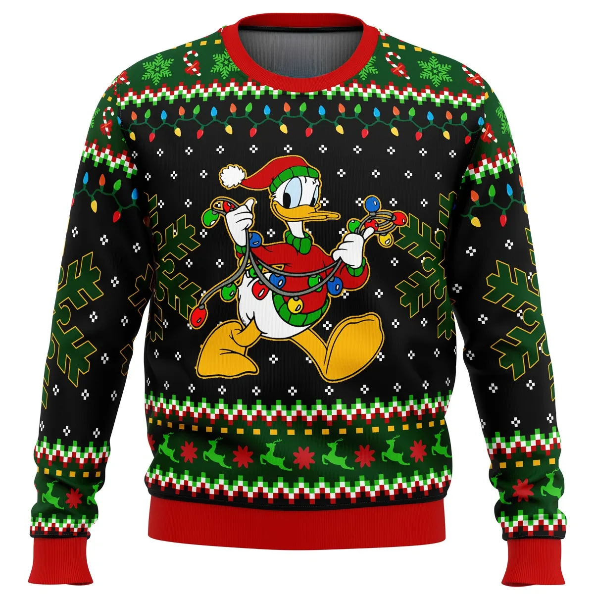 Donald Duck Christmas Lights Ugly Christmas Sweater, Disney Donald Holiday Sweater in Santa Hat, Cartoon Xmas Gift, Unisex All Over Print