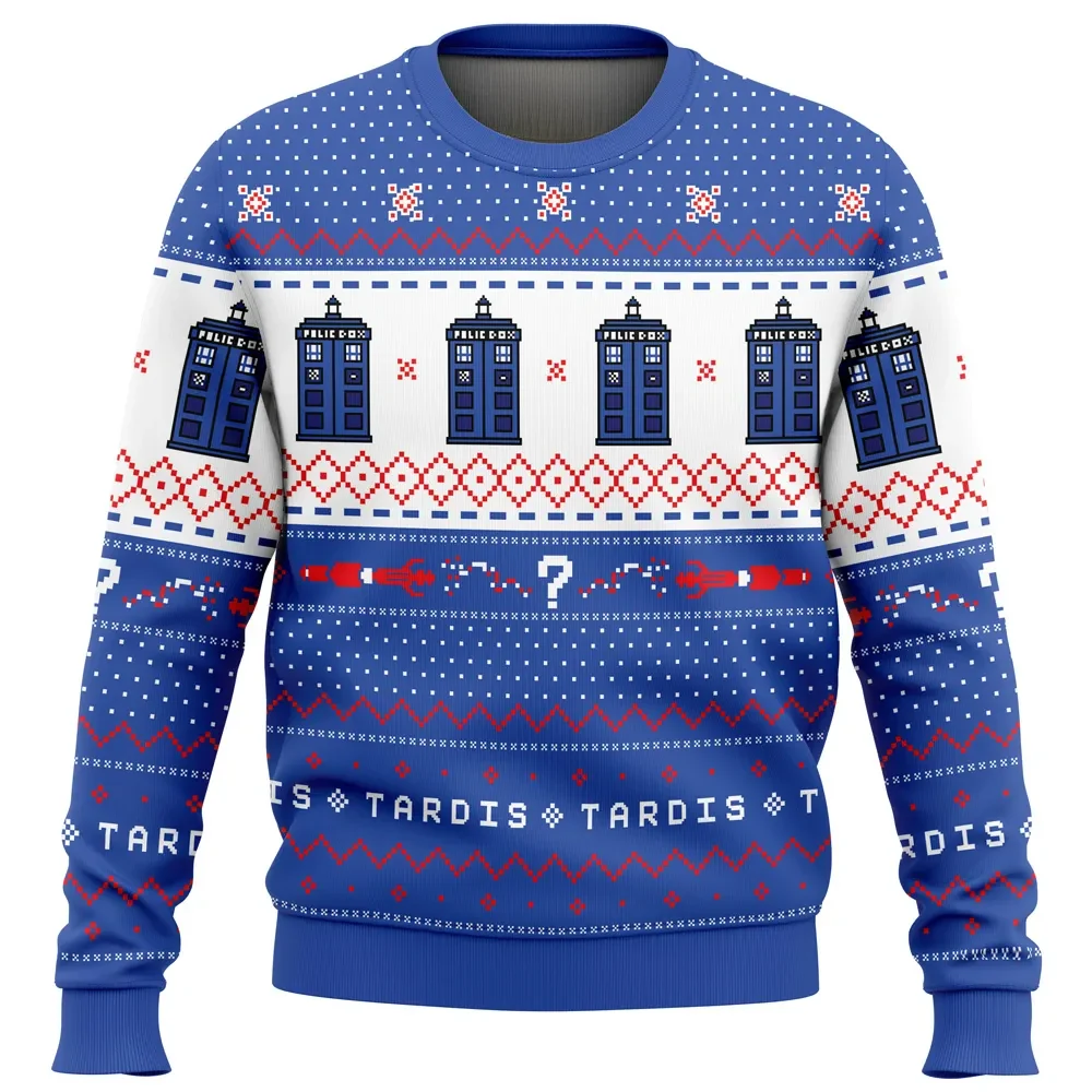 Doctor Who TARDIS Ugly Christmas Sweater, Dr Who Holiday Sweater, TV Xmas Gift, Police Box and Sonic Screwdriver Unisex All Over Print Pullover