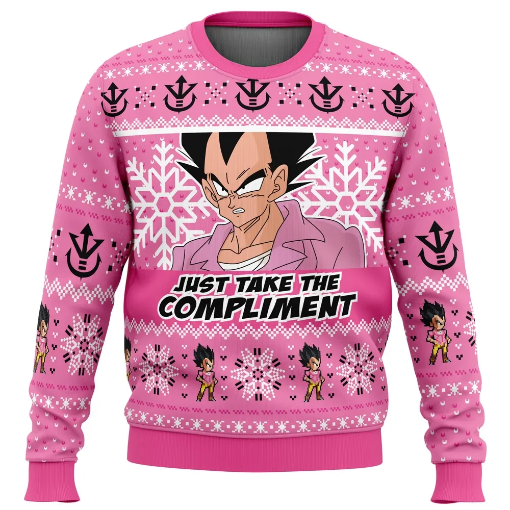 Compliment Vegeta Badman Dragon Ball Z Ugly Christmas Sweater, Just Take The Compliment Pink DBZ Anime Holiday Sweatshirt, Unisex Xmas Gift