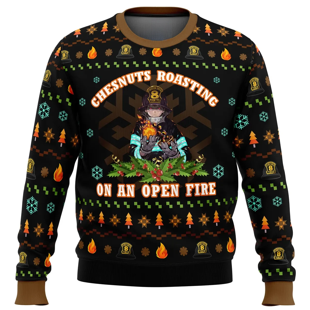 Fire Force Chestnuts Roasting on an Open Fire Ugly Christmas Sweater, Shinra Kusakabe Holiday Sweater, Anime Xmas Gift for Shonen Fans