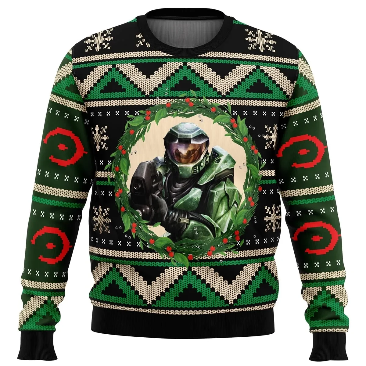 Halo Master Chief Ugly Christmas Sweater, Spartan in a Holly Wreath Halo Gamer Holiday Sweater, Xbox Video Game Xmas Gift for Gamers