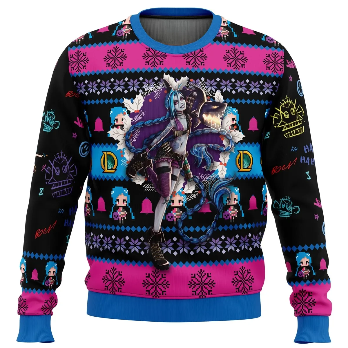 Jinx League of Legends Ugly Christmas Sweater, Jinx Was Here Graffiti Holiday Sweater, Pink and Blue Gamer Xmas Gift for MOBA Fans