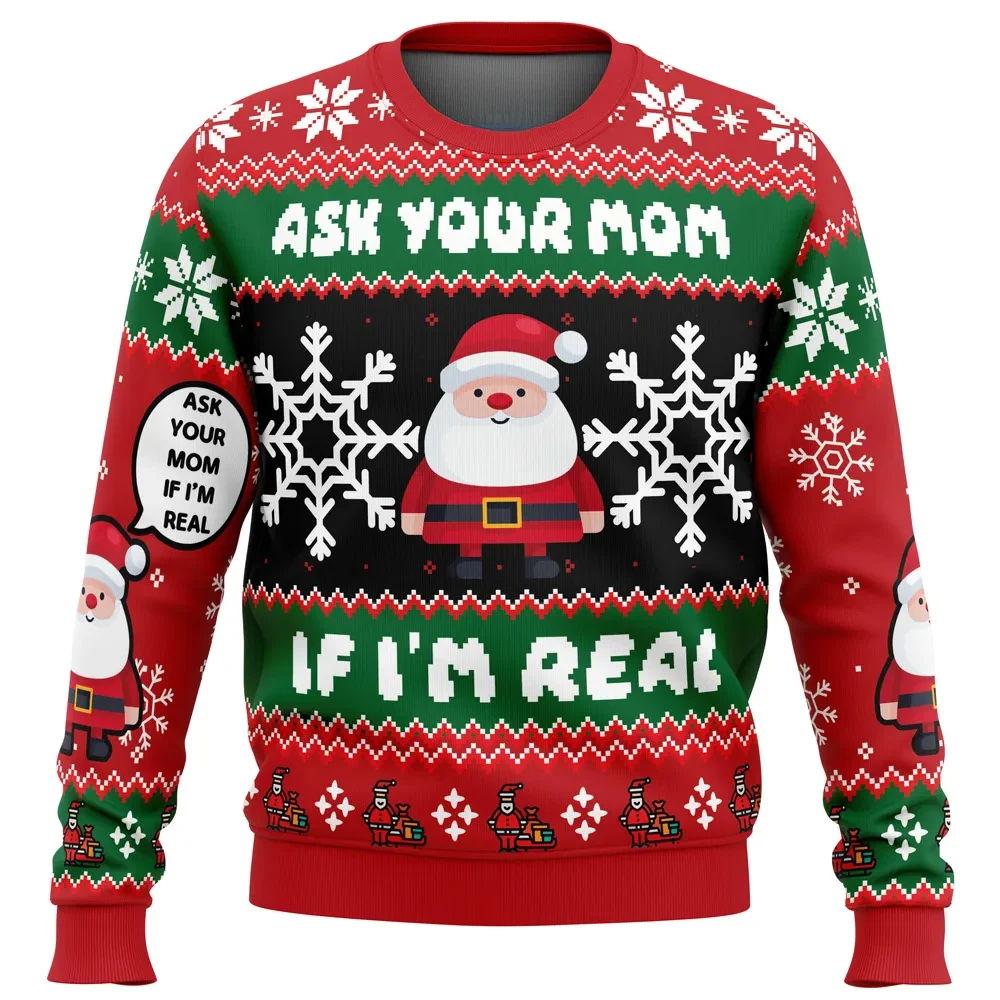 Santa Ask Your Mom If I'm Real Ugly Christmas Sweater, Funny Santa Claus Holiday Sweater, Unisex Xmas Party Sweatshirt, Gag Gift for Adults