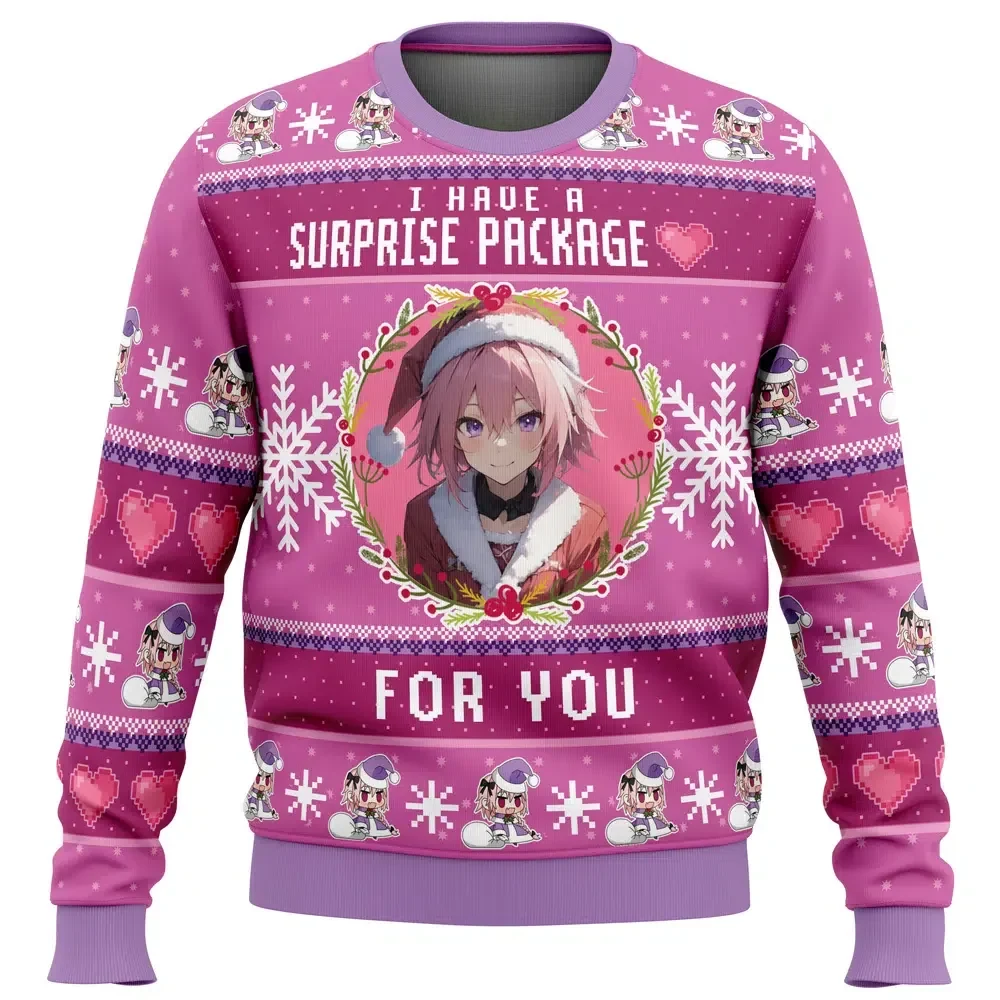 Surprise Package Astolfo Fate Apocrypha Ugly Christmas Sweater, Fate Anime Holiday Sweatshirt, Pink Santa Rider Unisex Xmas Gift for Otaku