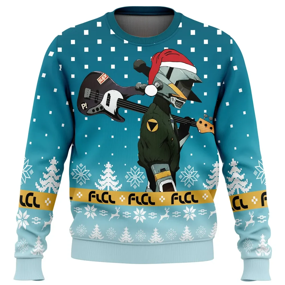 FLCL Canti Ugly Christmas Sweater, Fooly Cooly Holiday Sweater, Robot with Bass Guitar in Santa Hat, Anime Unisex Pullover, Xmas Gift