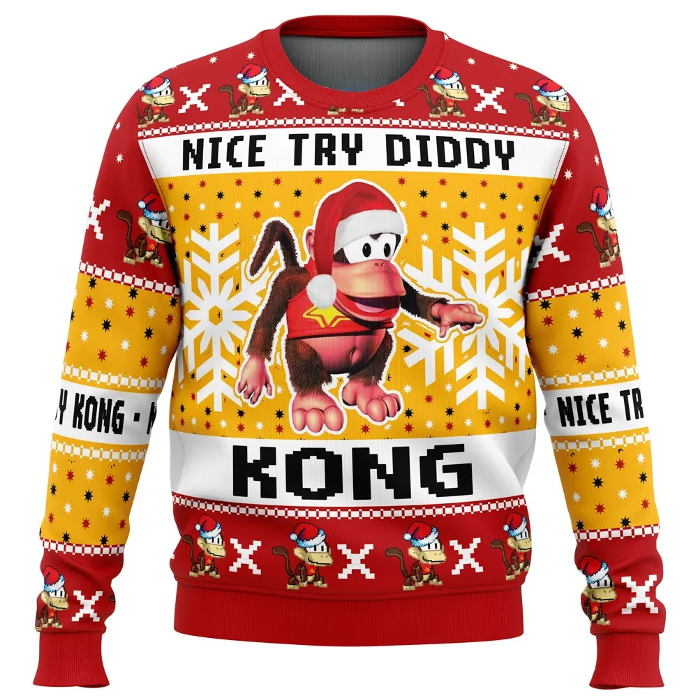Nice Try Diddy Kong Meme Ugly Christmas Sweater, Donkey Kong Gamer Holiday Sweater, Unisex All Over Print Sweatshirt, Funny Xmas Gift for Gamers