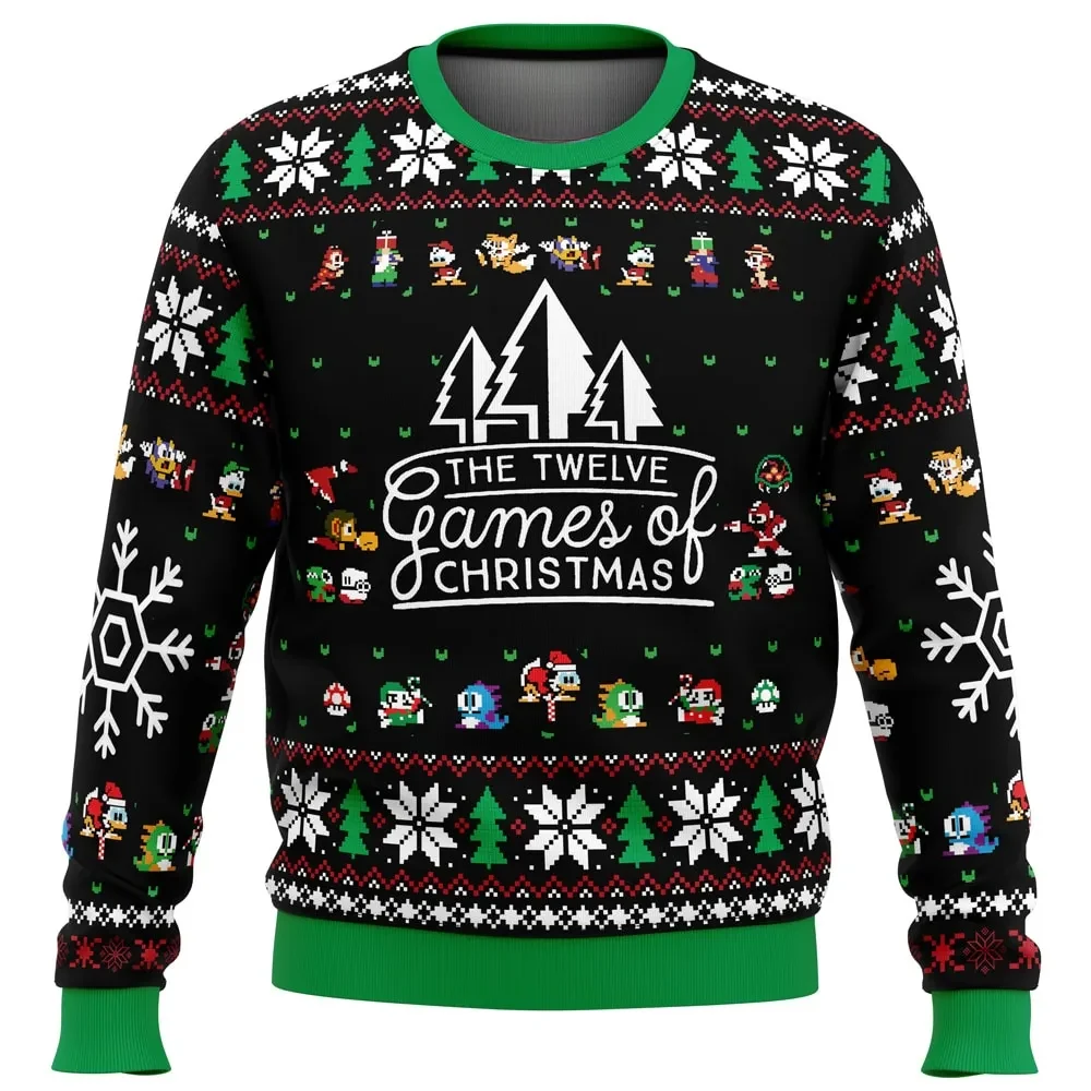 The Twelve Games of Christmas Ugly Christmas Sweater, Retro Video Game Holiday Sweater, Gamer Xmas Gift, 8-Bit Arcade Pixel Characters Sweatshirt