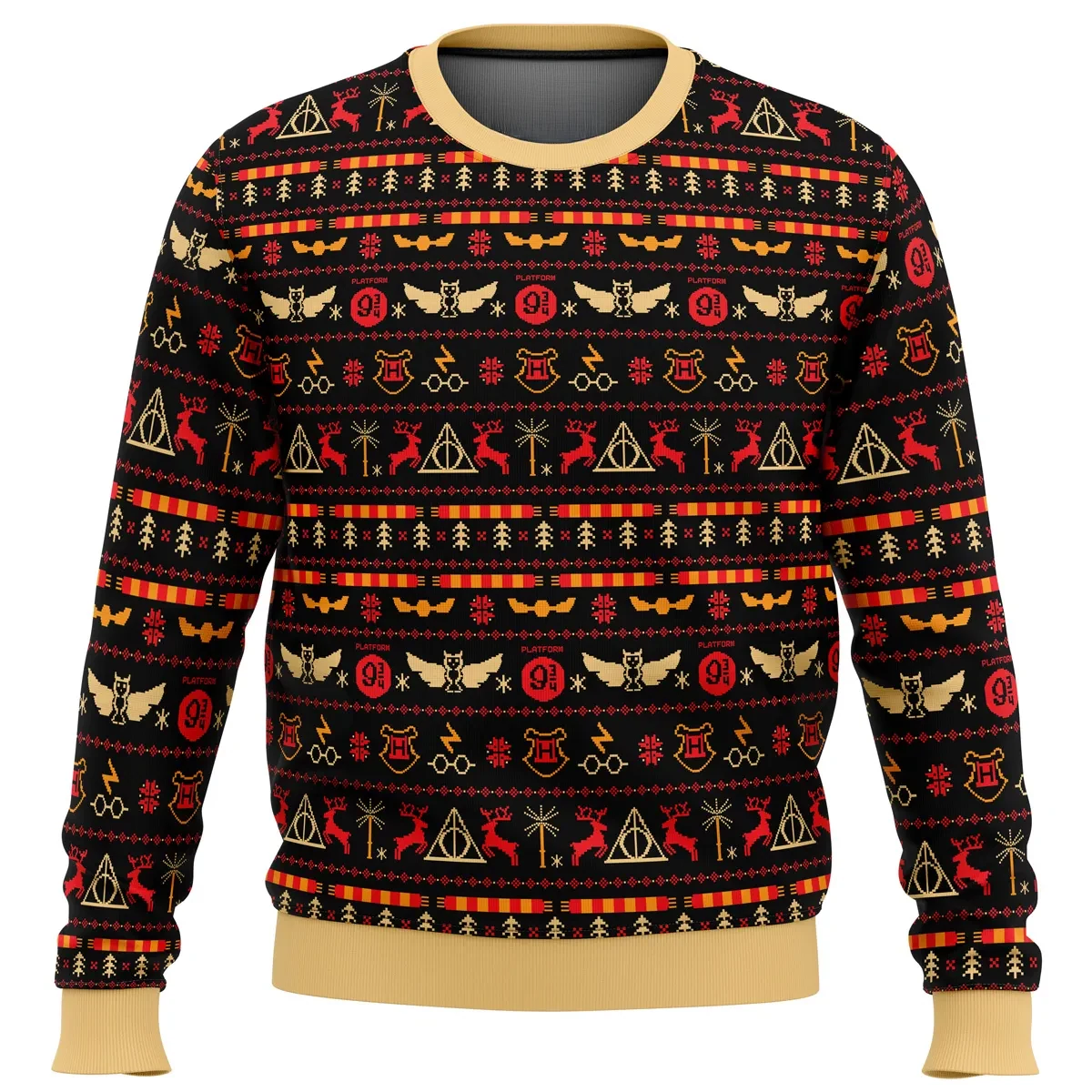 HP Christmas Ornaments Ugly Christmas Sweater, Harry Potter Holiday Sweater, Deathly Hallows and Hogwarts Crest, Wizard Xmas Gift, Unisex Top