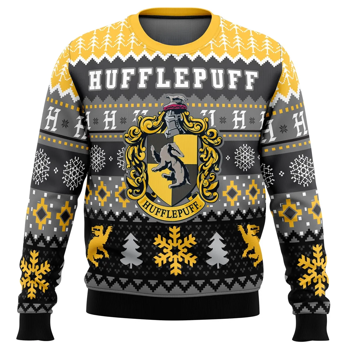Hufflepuff House Ugly Christmas Sweater, Harry Potter Holiday Sweater, Badger Crest Hogwarts Yellow and Grey Pullover, Wizard Xmas Gift