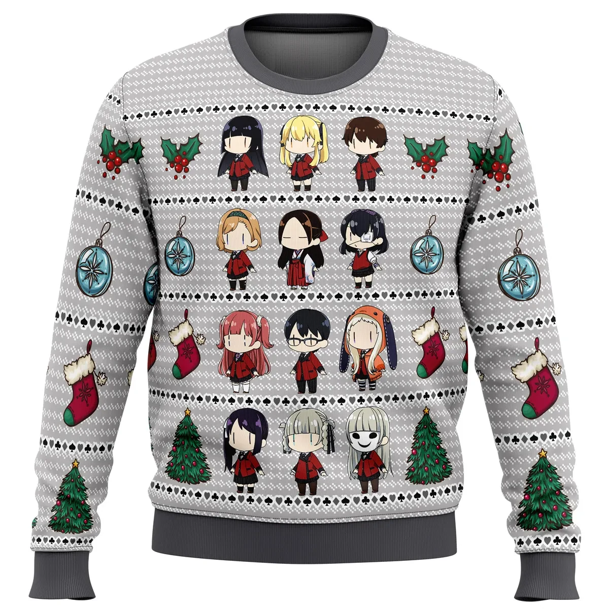 Kakegurui Chibi Gamblers Ugly Christmas Sweater, Kakegurui Holiday Sweater, Stockings and Ornaments Grid, Anime Xmas Gift for Hyakkaou Fans